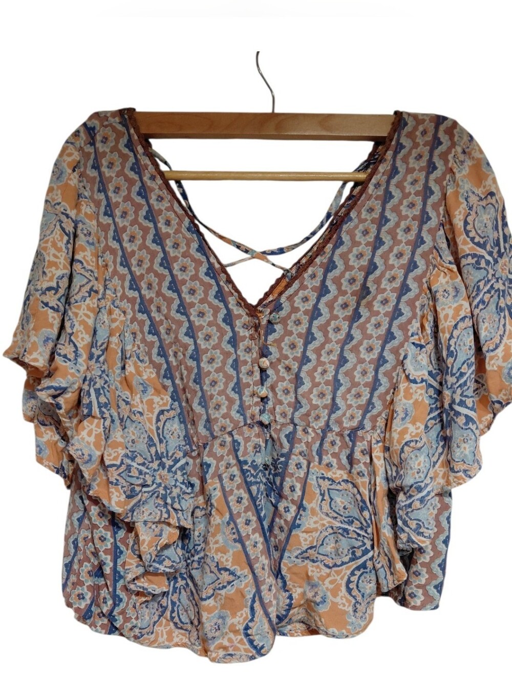 Vintage Angie Peach and Blue Boho Floral Cropped Peplum Blouse